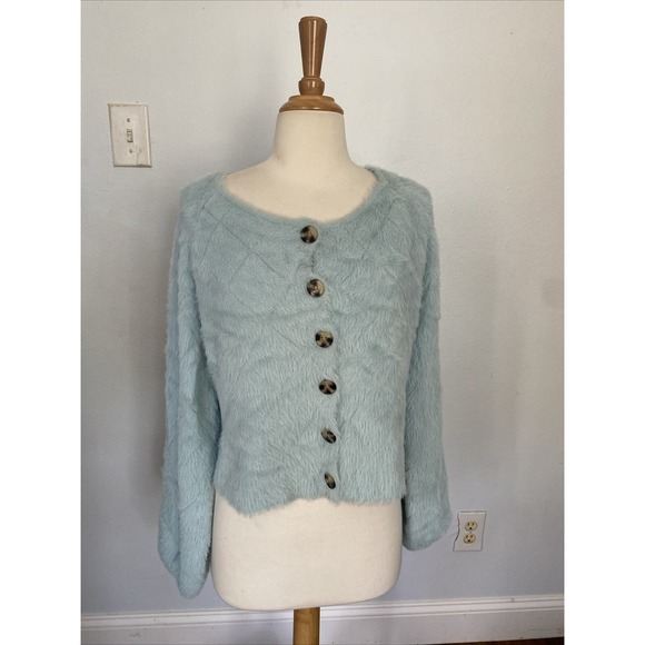 Lulus Crop Sweater Womens Extra Small Teal Soft Fuzzy Oversized Fluffy Y2K - Picture 1 of 12